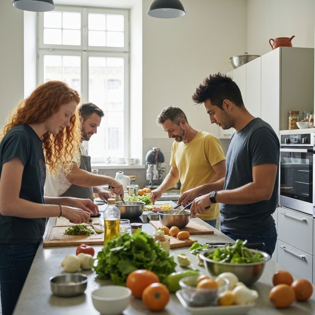 Guests cooking together in hostel kitchen